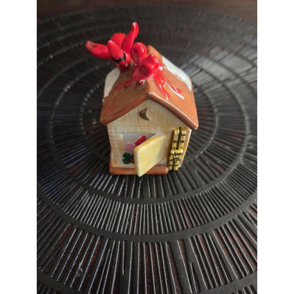 Ceramic Bird House Trinket Box Hand Painted Cardinal Hinged Small Yellow Red